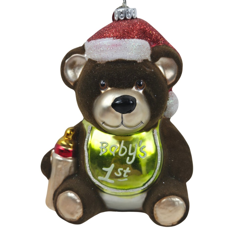 Christopher Radko Ornament Baby's 1st Christmas Bear Flocked Blown Glass 5" NICE